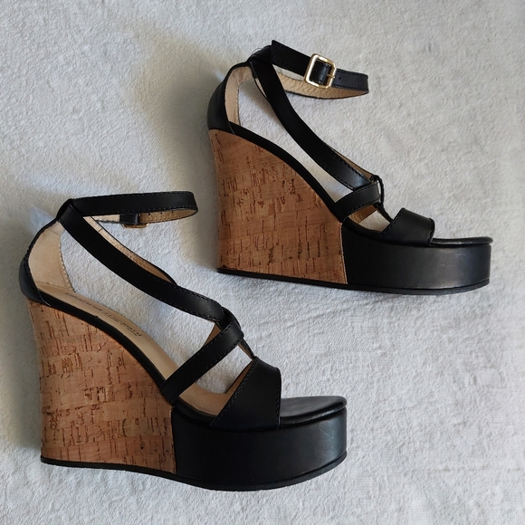 GIANNA MELIANI BLACK LEATHER COLORBLOCK WEDGE SANDALS - Picture 1 of 13